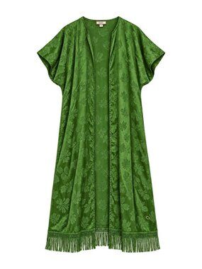 EDDY Rachael Jacket Emerald Green Floral Jacquard Fringe Long Duster Medium